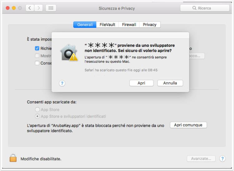 Conferma di apertura dell'app